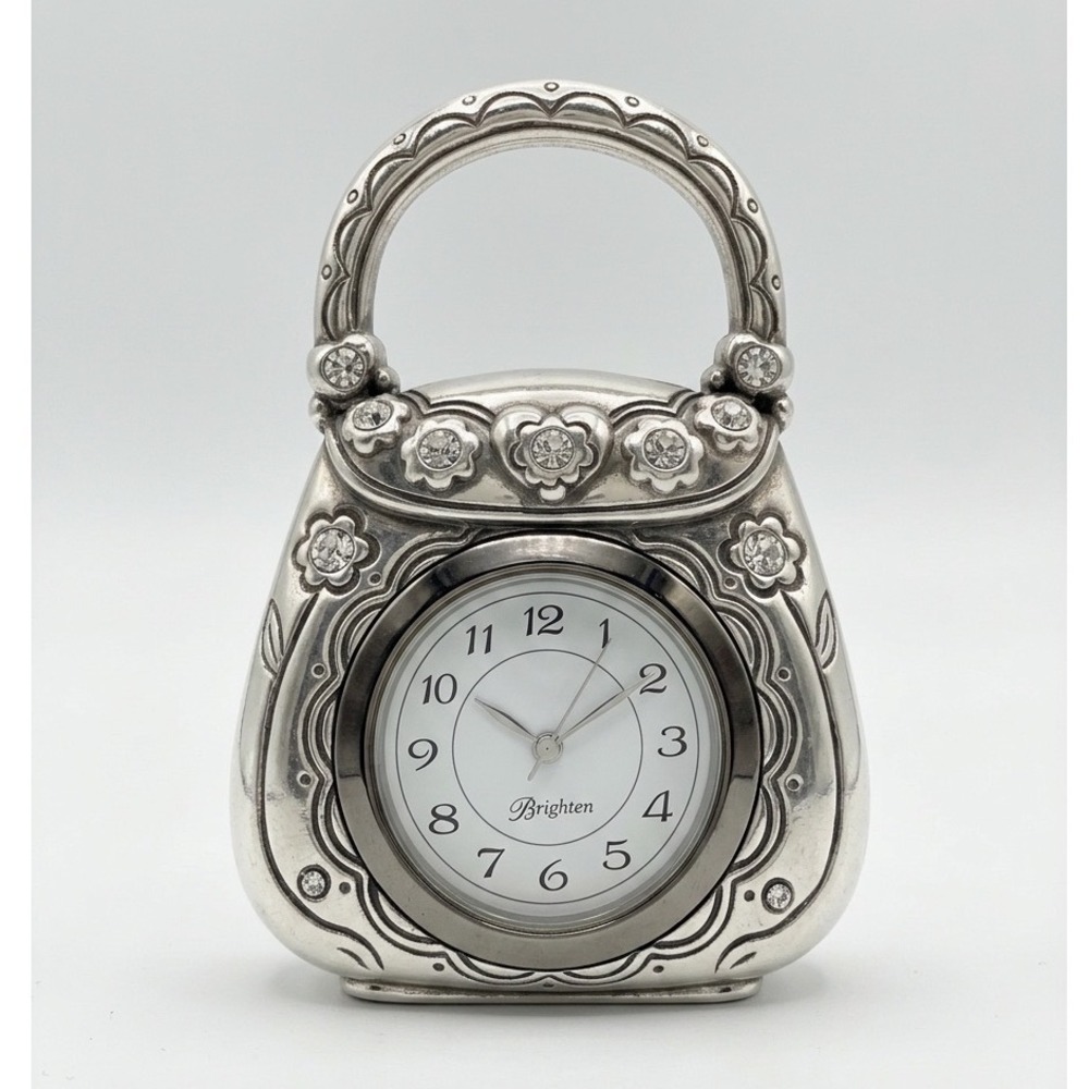Brighton‎ Silver Purse Desk Clock & Table Handbag Hook Floral Crystal Accent